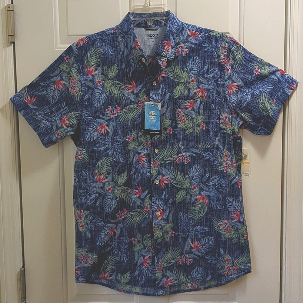 NWT IZOD SALTWATER Men's M Tropical Blue Short Sleeve Shirt - Picture 2 of 14